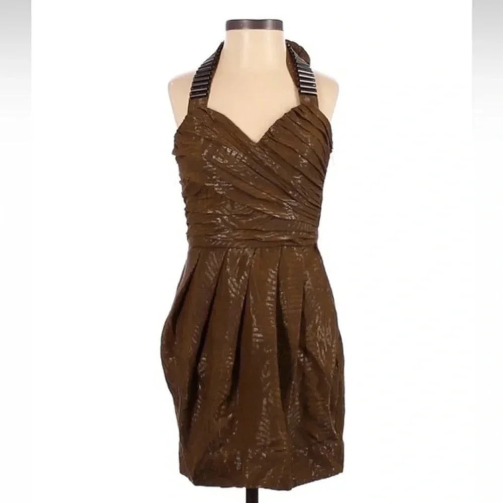 Vintage Bebe Tiger Jacquard Ruched Halter Dress in Dark Metallic Olive Size XXS